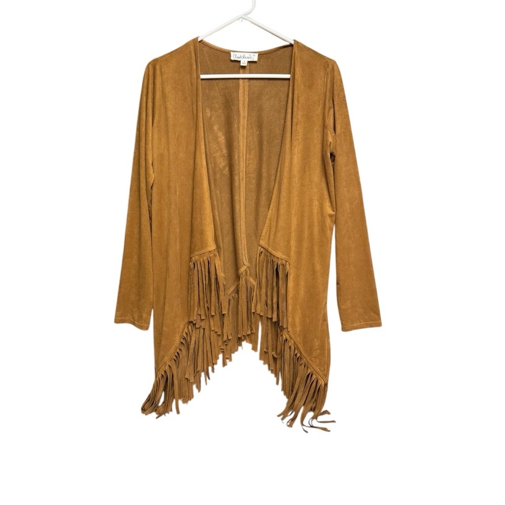 Cloud chaser size small Tan faux suede fringe cardigan open front